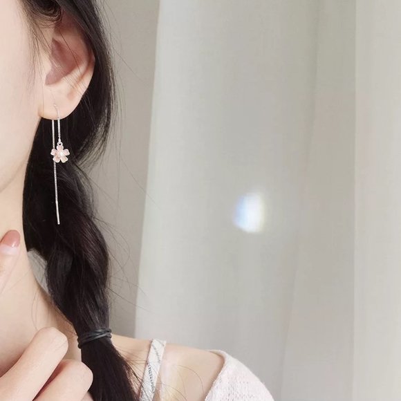 14k Gold Flower Long Chain Threader Earrings Sterling Silver - Picture 6 of 9